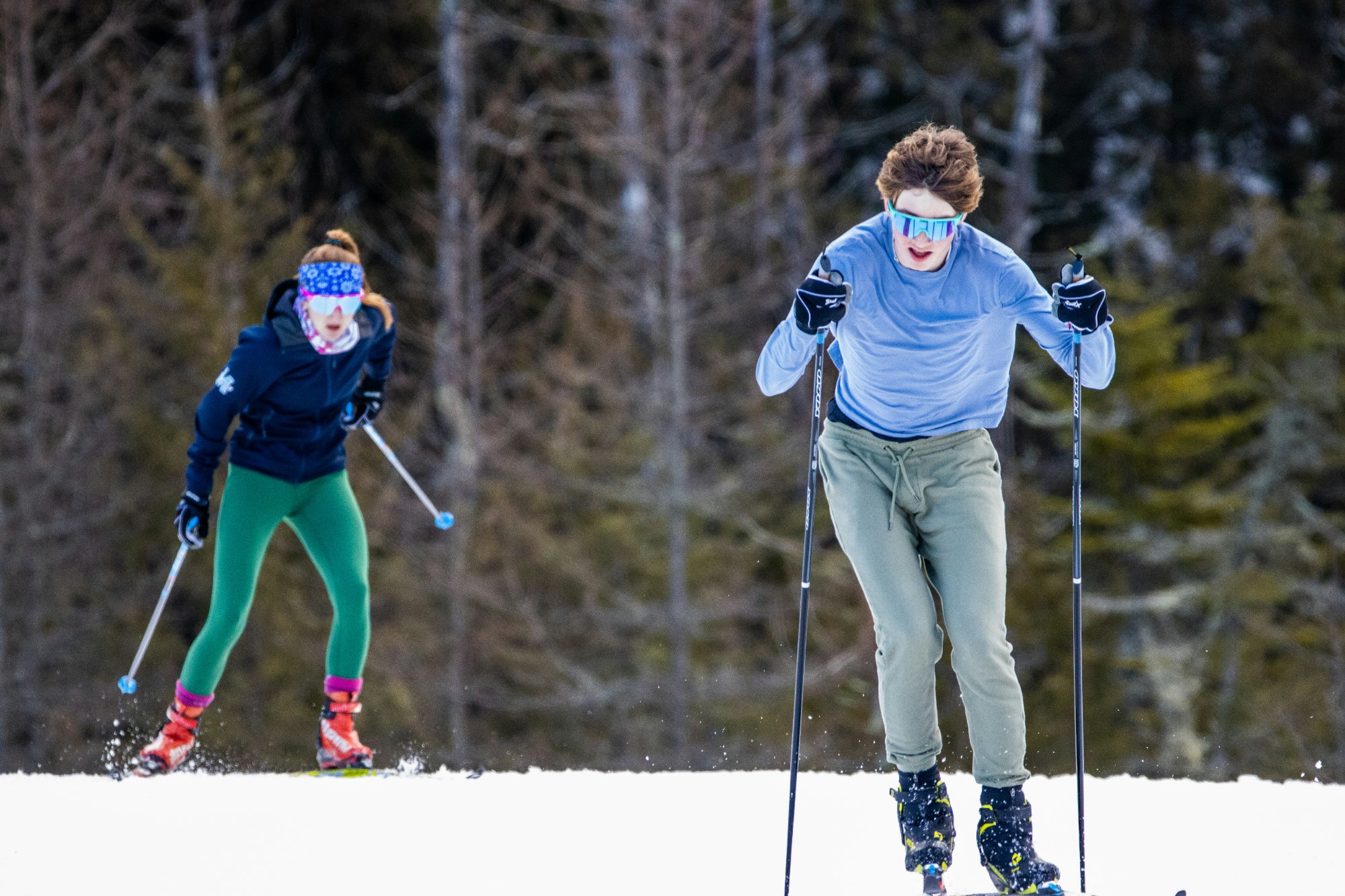 Cross-country skiers on a snowy trail through the mountains